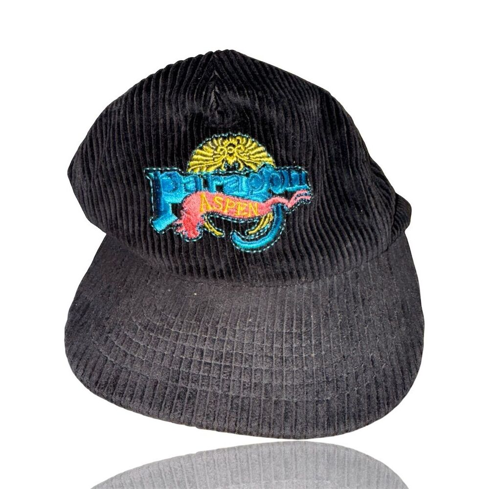 Vintage 90’s Paragon Systems Aspen Colorado Black Corduroy Hat: Leather Strap